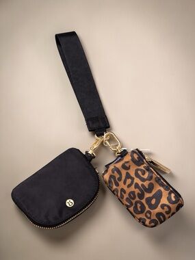 Lululemon Dual Pouch Wristlet Black & Leopard Print Gold Hardware NWT
